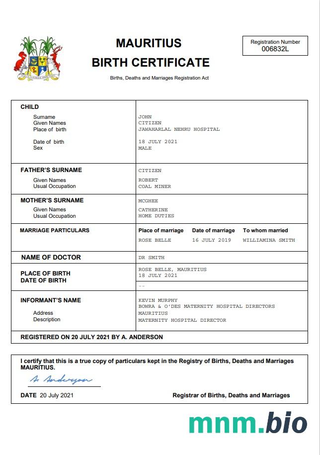Mauritius rekord życiowy narodziny certyfikat Word i PDF szablon